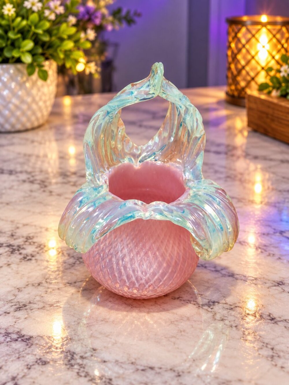 MINT Antique 1890s Kralik Bohemian Art Glass Basket - Pink & Uranium Glass
